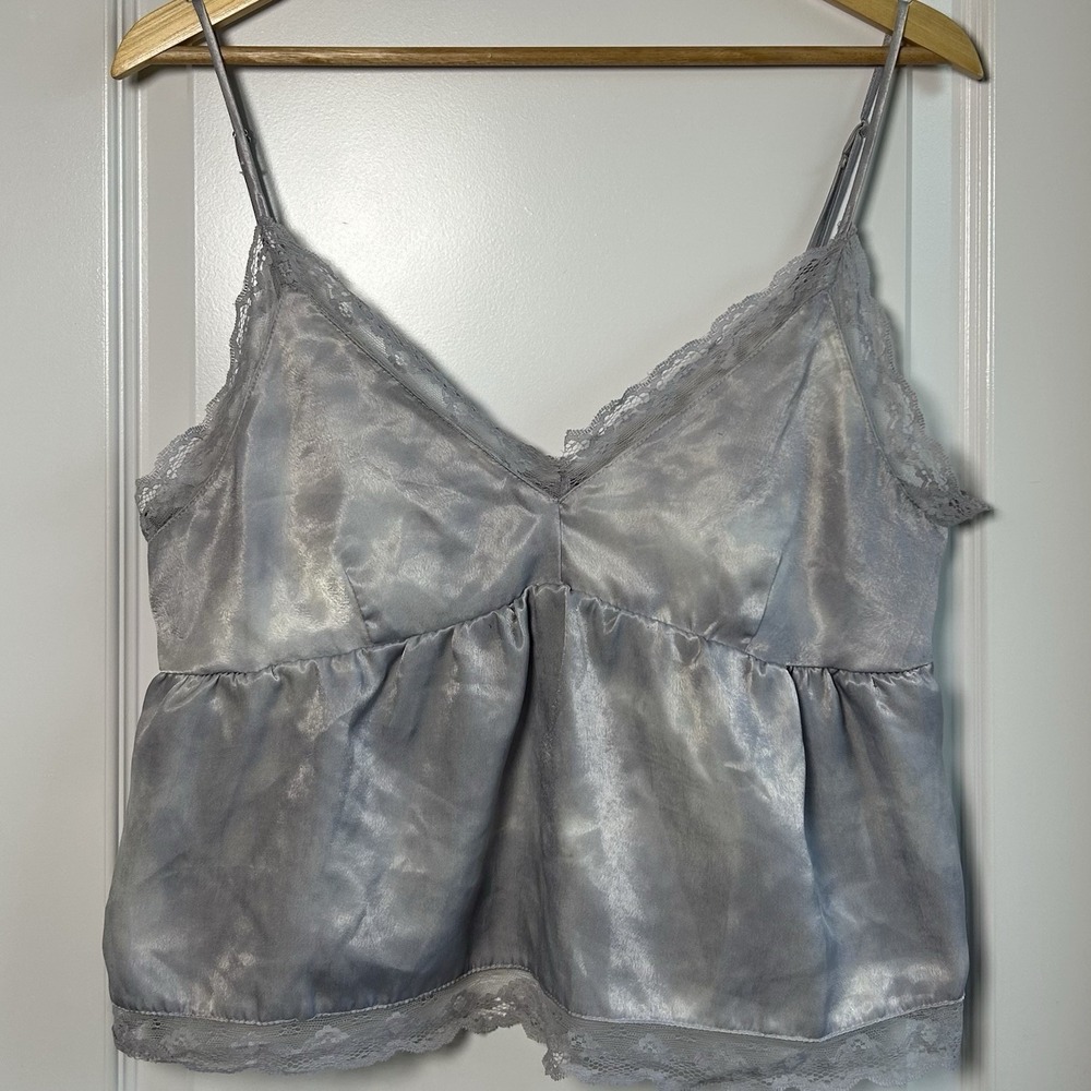 AE‎ Studio Satin Gray Lace Trim Peplum Cami Top Mermaidcore Fairycore Style